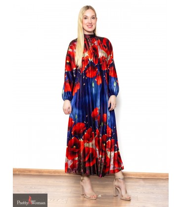 7845Plisseerkleit punase lillega- sinine